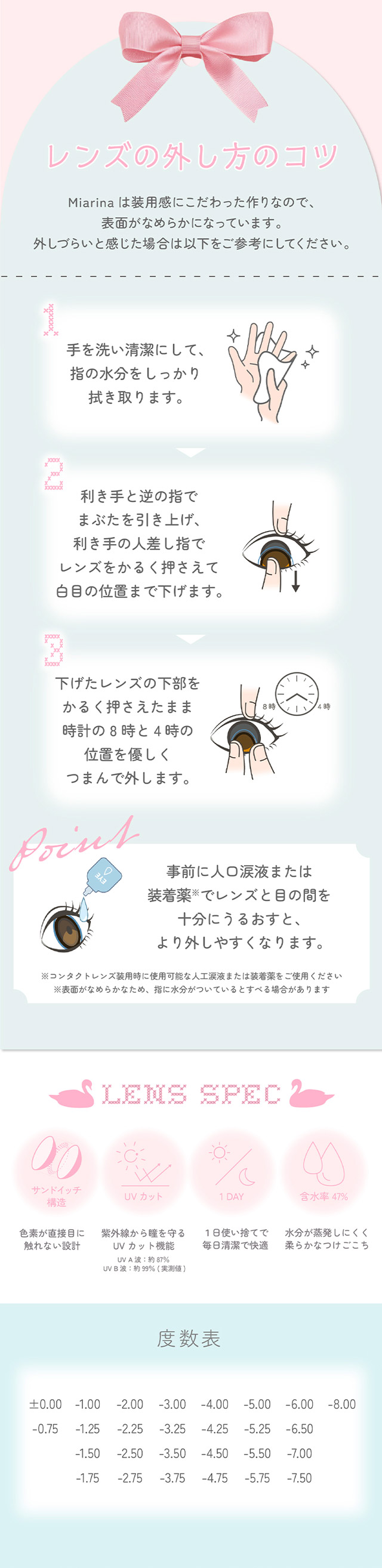 レンズの外し方のコツ,レンズスペック,度数表|ワンデーリフレア ミアリーナ(1day Refrear Miarina) ときめきは、瞳からはじまる 藤田みあちゃんイメージモデル ワンデー カラコン DIA14.2mm 1箱10枚入り BC8.7mm　