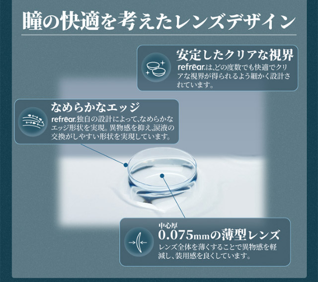 瞳の快適を考えたレンズデザイン|橋本愛(はしもとあい)さんイメージモデル ワンデーリフレア シリコーン UV W-モイスチャー クリアコンタクトレンズ 1箱30枚入り