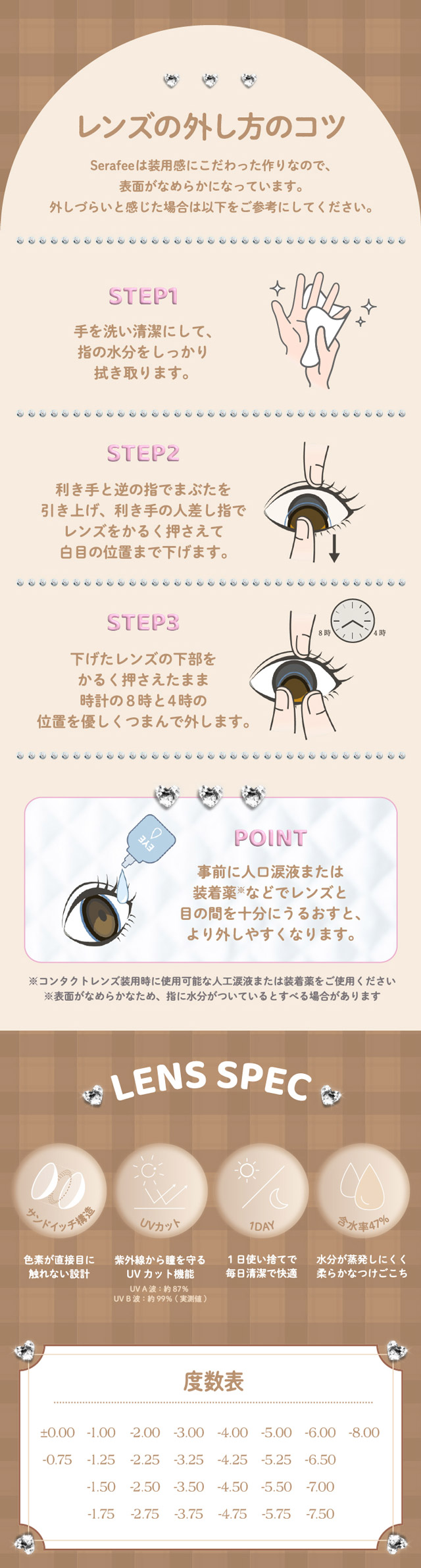 レンズの外し方のコツ,レンズスペック,度数表|ワンデーリフレア セラフィー(1day Refrear Serafee) 甘くて可愛くて、しっかり盛れる主役になれる存在感で今の私を一番可愛くする甘めギャルのための、100%盛れセルフィーレンズ 土屋 惺来ちゃんプロデュース ワンデー カラコン 1箱10枚入り BC8.7mm