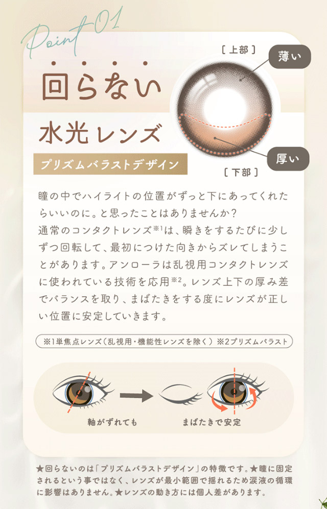 ワンデーリフレア アンローラは回らない水光レンズ,プリズムバラストデザイン|シリコーン素材の回らないレンズ,回らないから瞬きしても綺麗,坂巻有紗イメージモデルのワンデーカラコン「ワンデーリフレア アンローラ(1day Refrear Unrolla)」,シリコーン素材,1day,DIA14.5mm,BC8.7mm,シリコーンハイドロゲル