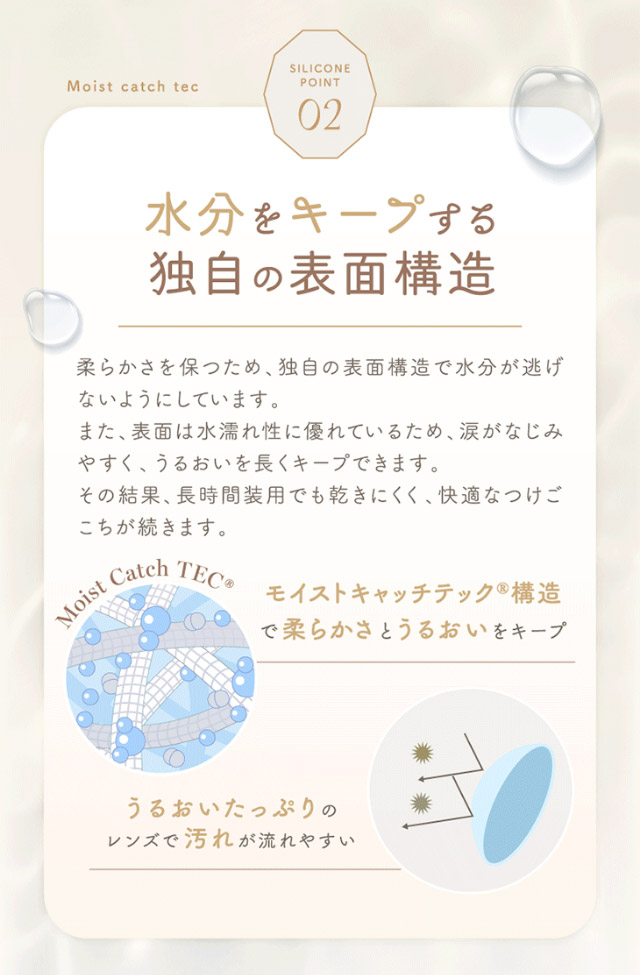 ワンデーリフレア アンローラのポイント,水分をキープする独自の表面構造|シリコーン素材の回らないレンズ,回らないから瞬きしても綺麗,坂巻有紗イメージモデルのワンデーカラコン「ワンデーリフレア アンローラ(1day Refrear Unrolla)」,シリコーン素材,1day,DIA14.5mm,BC8.7mm,シリコーンハイドロゲル