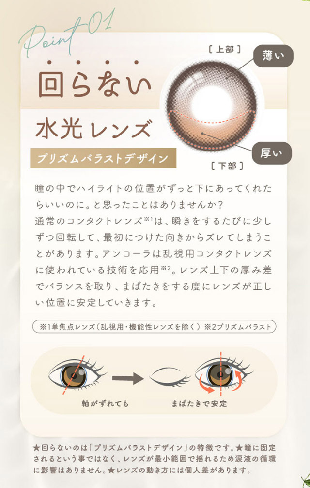 ワンデーリフレア アンローラは回らない水光レンズ,プリズムバラストデザイン|シリコーン素材の回らないレンズ,回らないから瞬きしても綺麗,坂巻有紗イメージモデルのワンデーカラコン「ワンデーリフレア アンローラ(1day Refrear Unrolla)」,シリコーン素材,1day,DIA14.5mm,BC8.7mm,シリコーンハイドロゲル