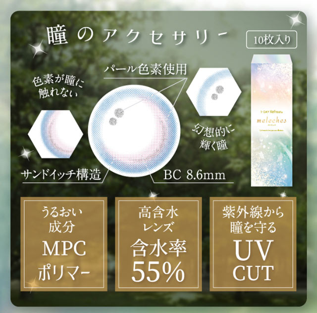 瞳のアクセサリー。色素が瞳に触れないサンドイッチ構造,BC8.6mm,パール色素使用,うるおい成分MPCポリマー,高含水レンズ含水率55%,紫外線から瞳を守るUVカット|幻想はリアルを越えるの。ワンデーリフレアメレシェス(1-DAY Refrear meleches)