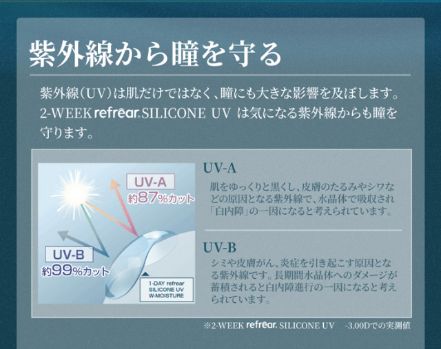 紫外線から瞳を守る|橋本愛(はしもとあい)さんイメージモデル ツーウィークリフレア シリコーンUV(2week Refrear SILICONE UV)) 2weekクリアコンタクトレンズ 1箱6枚入り