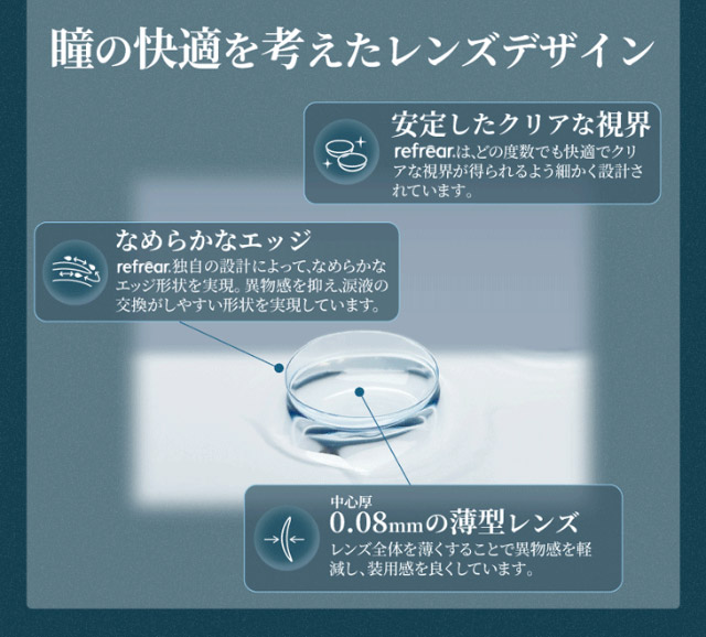 瞳の快適を考えたレンズデザイン|橋本愛(はしもとあい)さんイメージモデル ツーウィークリフレア シリコーンUV(2week Refrear SILICONE UV)) 2weekクリアコンタクトレンズ 1箱6枚入り