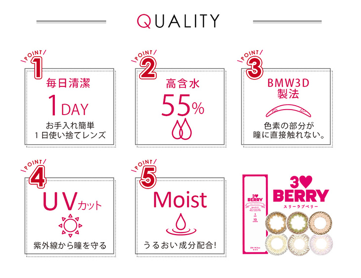 スリーラブベリー,Popteen専属モデルちゃんえなプロデュースカラコン,レンズクオリティ,、毎日清潔なワンデータイプ・高含水55%・色素の部分が瞳に直接触れないBMW3D製法・紫外線から瞳を守るUVカット・うるおい成分配合