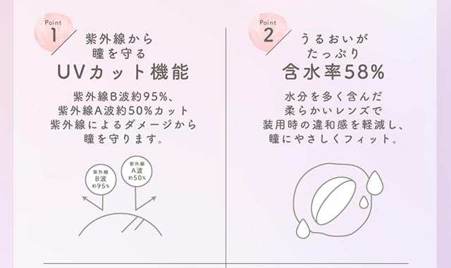 紫外線から瞳をUVカット機能,うるおいがたっぷり含水率58%|ふんわり透明感、キュートなわたし,アミエオ(AMIEO)