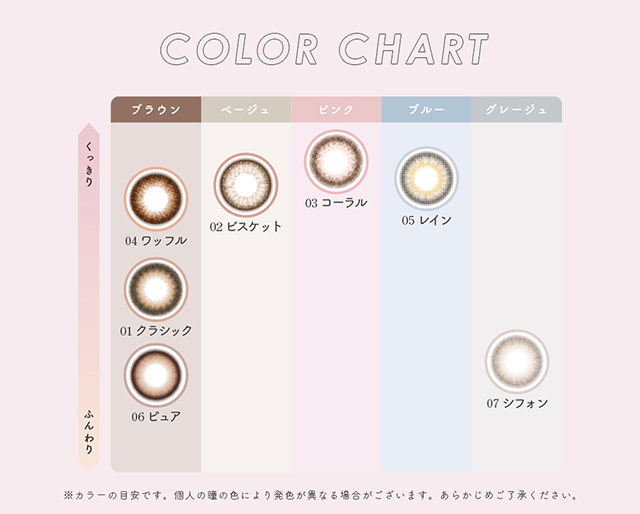 アンドミーワンデーのカラーチャート|度あり・度なしワンデー カラコン DIA 14.5mm 1箱10枚入り「アンドミー(AND MEE)」
