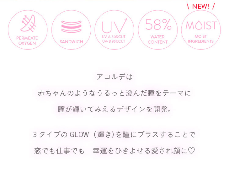 アコルデは赤ちゃんのようなうるっと澄んだ瞳をテーマに瞳が輝いてみえるデザインを開発,3タイプのGLOWを瞳にプラスして恋でも仕事でも幸運を引き寄せる愛され顔に,うるおい成分を新配合|Acorde