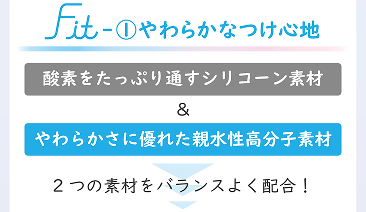 エアロフィットワンデー,イメージモデル小松菜奈,やわらかなつけ心地,酸素をたっぷり通すシリコーン素材&やわらかさに優れた親水性高分子素材、2つの素材をバランスよく配合