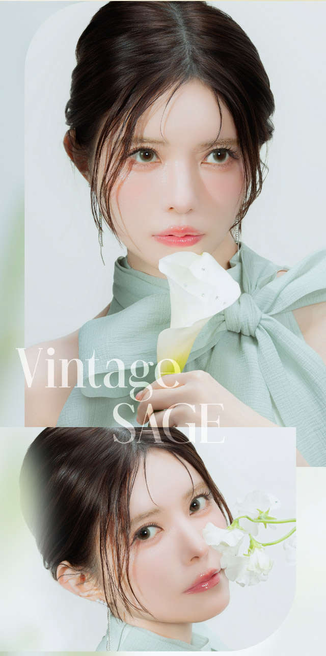 ヴィンテージセージモデル装用写真|益若つばさ(つーちゃん)イメージモデル エンジェルカラーバンビヴィンテージワンデー(AngelColorVintage1day)1day,DIA14.2mm,GDIA13.6mm,BC8.5mm