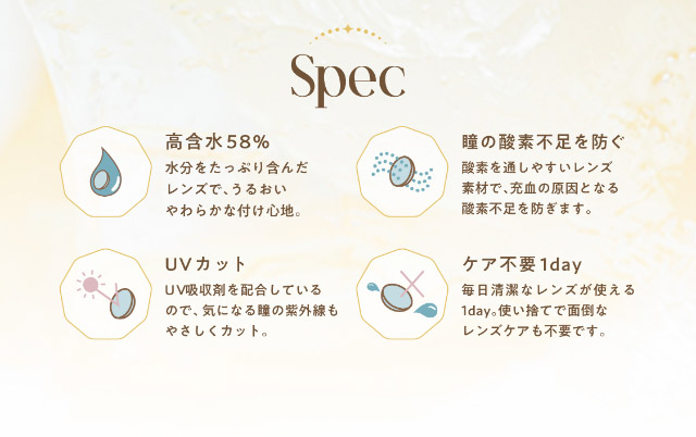 エンジェルカラーバンビヴィンテージワンデーのレンズスペック,高含水58%,瞳の酸素不足を防ぐ,UVカット,ケア不要1day|益若つばさ(つーちゃん)イメージモデル エンジェルカラーバンビヴィンテージワンデー(AngelColorVintage1day)1day,DIA14.2mm,GDIA13.6mm,BC8.5mm