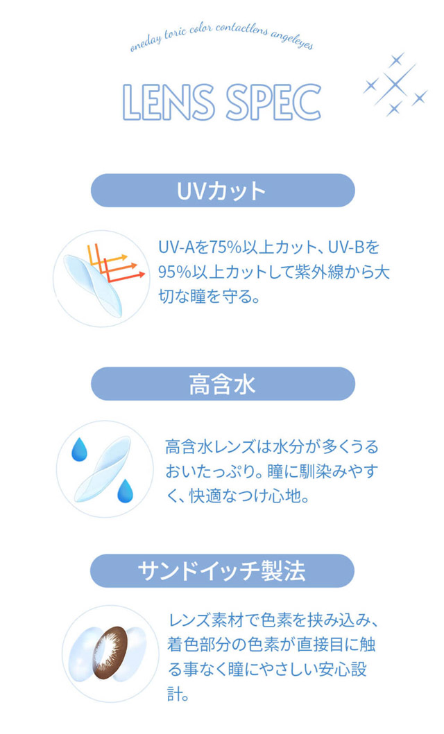 エンジェルアイズワンデートーリック(乱視用)のレンズスペック,UVカット,高含水,サンドイッチ製法|【エンジェルアイズワンデートーリック(乱視用)(Angel Eyes 1day toric)】カラコン ワンデーカラコン 1day 1箱10枚入り 乱視用