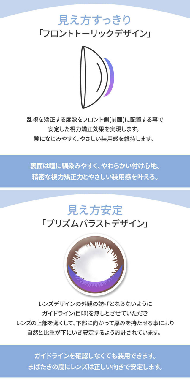 エンジェルアイズワンデートーリック(乱視用)は見え方すっきりフロントトーリックデザイン,見え方安定のプリズムバラストデザイン|【エンジェルアイズワンデートーリック(乱視用)(Angel Eyes 1day toric)】カラコン ワンデーカラコン 1day 1箱10枚入り 乱視用