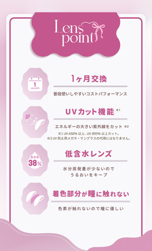 エンジェルカラーバンビワンマンスのレンズポイント,1ヶ月交換,UVカット機能,低含水レンズ,着色部分が瞳に触れない|つーちゃん(益若つばさ)イメージモデルの超人気ワンデーカラコン エンジェルカラーバンビシリーズに待望のマンスリーが登場 エンジェルカラーバンビワンマンス(Angelcolor Bambi Series 1month)