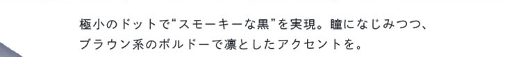 ベルシークのノワールロゼは極小ドットでスモーキーな黒を実現。瞳に馴染みつつブラウン系ボルドーが凛としたアクセントになったワンデーカラコン