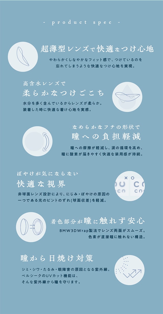 プロダクトスペック|ベルシーク(BELLSiQUE)ワンデーコンタクトレンズ