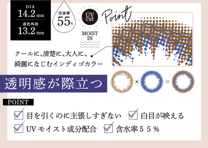 ビーハートビーワンデーの112-ID(インディゴ)はDIA14.2mm、着色直径13.2㎜で含水率55%の高含水ワンデーカラコン。クールに、清楚に。大人っぽくきれいに馴染んで透明感際立つワンデーカラコン