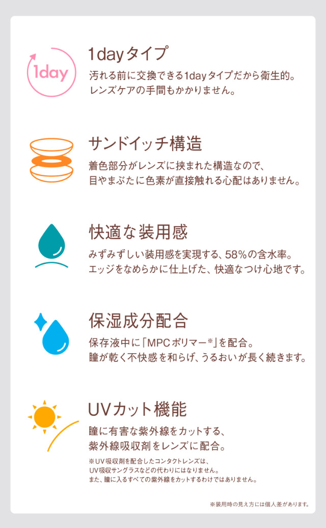 ベルミー瞳のためのこだわり|福原遥イメージモデル なりたい自分を選べるワンデーカラコン『ベルミー』1箱10枚入り,サンドイッチ構造,保湿性部配合,UVカット機能