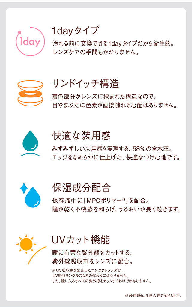 ベルミートーリックのレンズスペック|福原遥イメージモデル のワンデーカラコン「ベルミー」に乱視用が登場『ベルミートーリック(Belleme TORIC)』1箱10枚入り,サンドイッチ構造,保湿成分配合,UVカット機能,乱視用