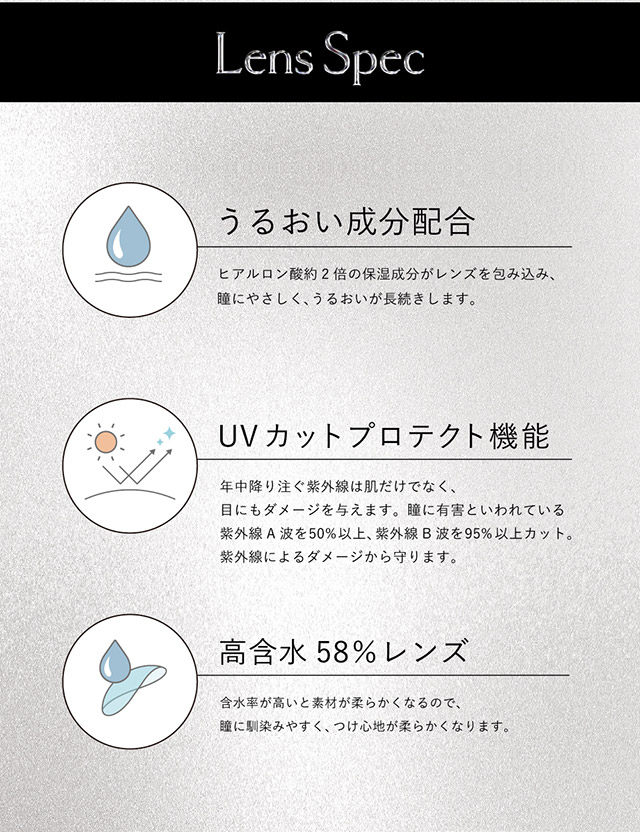 クルームのレンズスペック,うるおい成分配合,UVカットプロテクト機能,高含水58%レンズ|クルーム(CRUUM) キム・ジアンイメージモデル ワンデー カラコン DIA 14.1mm/14.5mm 1箱10枚入り