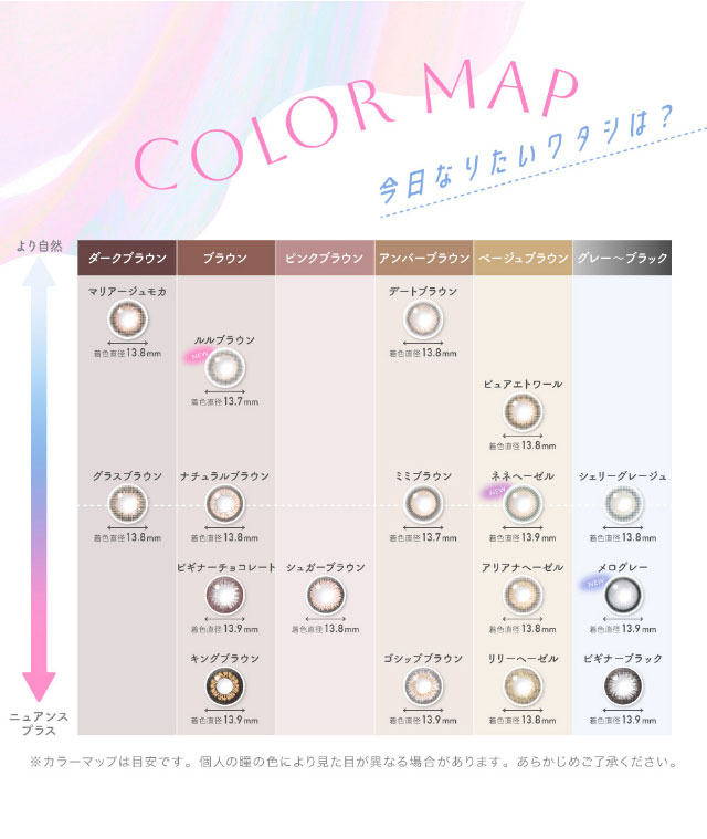 キャンディーマジック1day BLBのカラーチャートマップ|鈴木愛理イメージモデル,キャンディーマジック,ブルーライトカットにリニューアル,1day,DIA14.5,BC8.6
