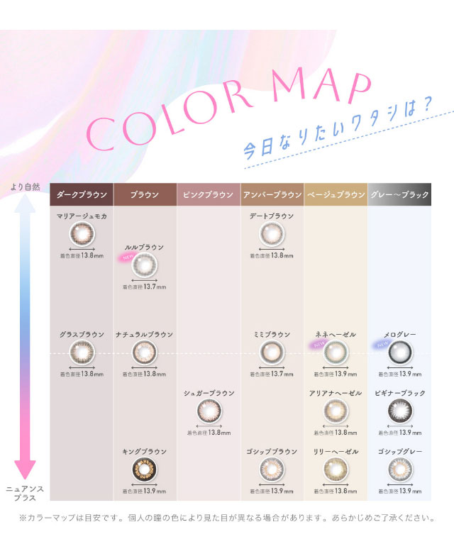 キャンディーマジック1month BLBのカラーチャートマップ|鈴木愛理イメージモデル,キャンディーマジック,ブルーライトカットにリニューアル,1month,DIA14.5,BC8.6