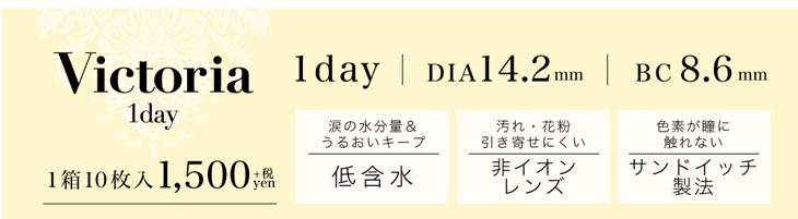 キャンディーマジックヴィクトリアワンデーはDIA14.2mm、BC8.6mm、安心の装用感の低含水ワンデーカラコン