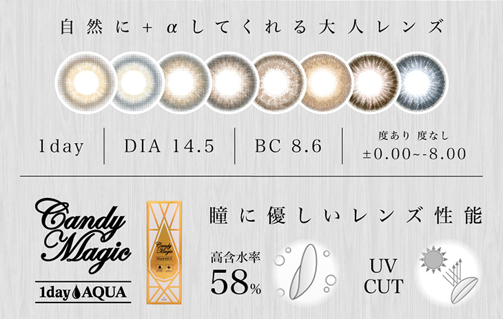自然に+αしてくれる大人レンズ『キャンディーマジックワンデーアクア』,瞳に優しいレンズ性能