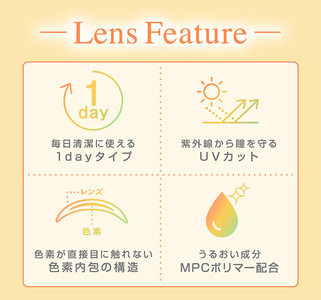 シャプンのレンズ特徴,毎日清潔に使える1dayタイプ,紫外線から瞳を守るUVカット,色素が直接目に触れない色素内包の構造,うるおい成分MPCポリマー配合|齊藤なぎさちゃんイメージモデルのワンデーカラコンChapun(シャプン)1DAY,DIA14.5mm/15.0mm,BC8.6mm,含水率58%,UVカット