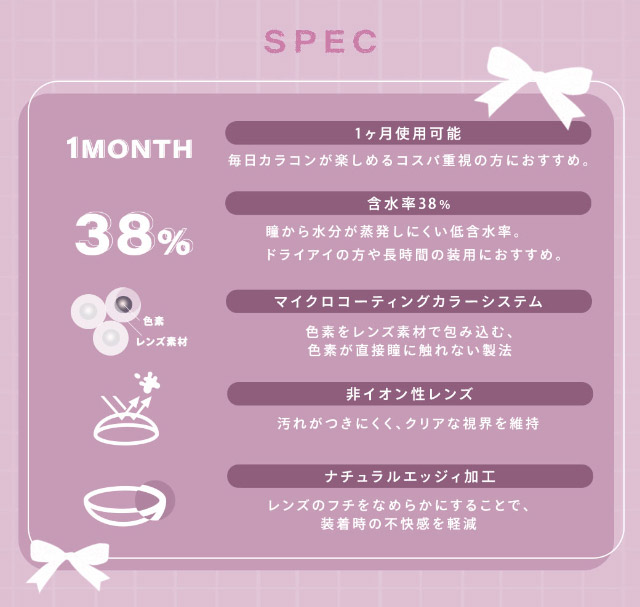 シャルトンワンマンスのスペック,1month,38%,マイクロコーティングカラーシステム,非イオン生レンズ,ナチュラルエッジィ加工|本田沙羅イメージモデル【シャルトンワンマンス(Charton 1month)】自分史上最強に可愛くなれる,シャルトンから待望のマンスリーが新登場!DIA14.5mm BC8.7mm 含水率38% 1箱2枚入り