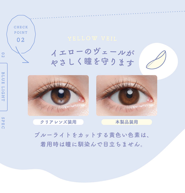 イエローのヴェールが優しく瞳を守ります,ブルーライトをカットする黄色い色素は、着用時は瞳に馴染んで目立ちません,ゆうこす(菅本裕子)プロデュースの人気カラコンチューズミーにブルーライトカット&紫外線カットの新ブランド。『chu’s me BLUE LIGHT SAVE(チューズミーブルーライトセーブ)』