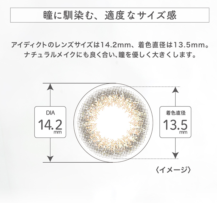 アイディクト,イメージモデル内田理央,瞳に馴染む適度なサイズ感,ナチュラルメイクにも良く合い、瞳を優しく大きくします