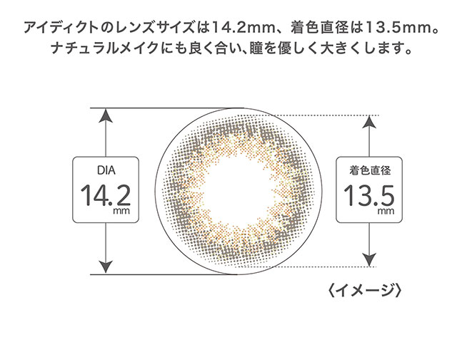 アイディクト,瞳に馴染む適度なサイズ感,ナチュラルメイクにも良く合い、瞳を優しく大きくします