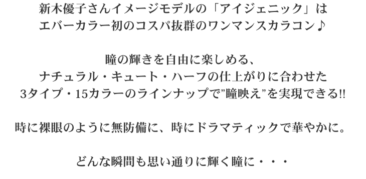 〔説明(長)例:いつの時代も憧れる凛とした女性。そんな女性につけるだけで近づけるように作られた大人のカラコン『アンヴィ(envie)』大人の女性にもつけやすいナチュラルなデザインがアンヴィ最大の魅力です。〕