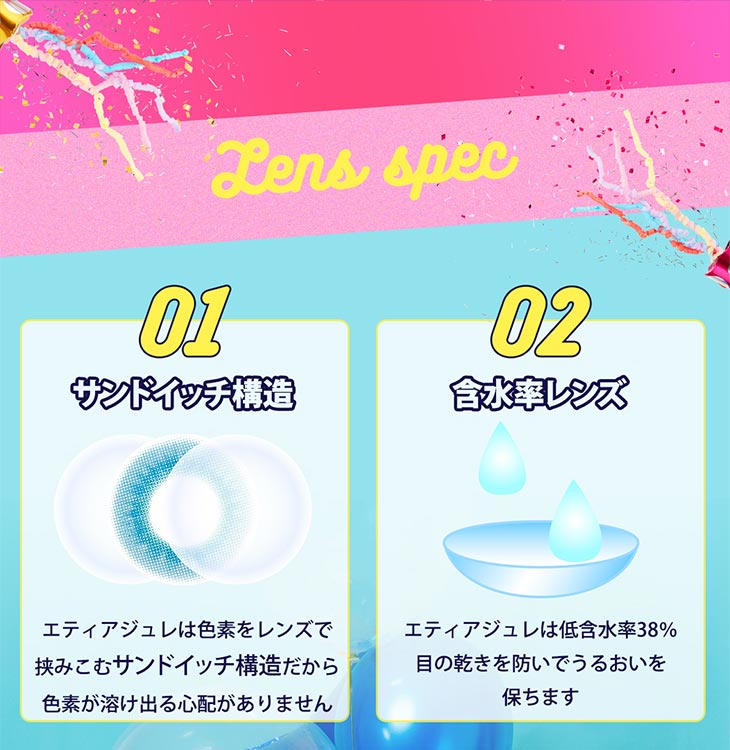 エティアジュレワンデー|サンドイッチ製法,低含水38%,非イオン性素材,衛生面も安心,使い捨てレンズ,ワンデー