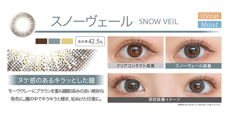 エバーカラーワンデー/ワンデー/レンズ/装着画像/スノーヴェール/モイスト/UVカット/着色直径13.8mm/含水率42.5%/ほんのり青みのあるモーヴグレーにブラウンの発色感をプラス