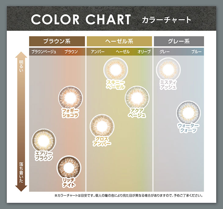 エバーカラー1dayルクアージュ/ワンデー/レンズポジショニング/グロスアンバー/ウォータークォーツ/スキニーヘーゼル/ミスティアッシュ/エアリーブラウン/リッチナイト/フォギーショコラ/アクアベージュ