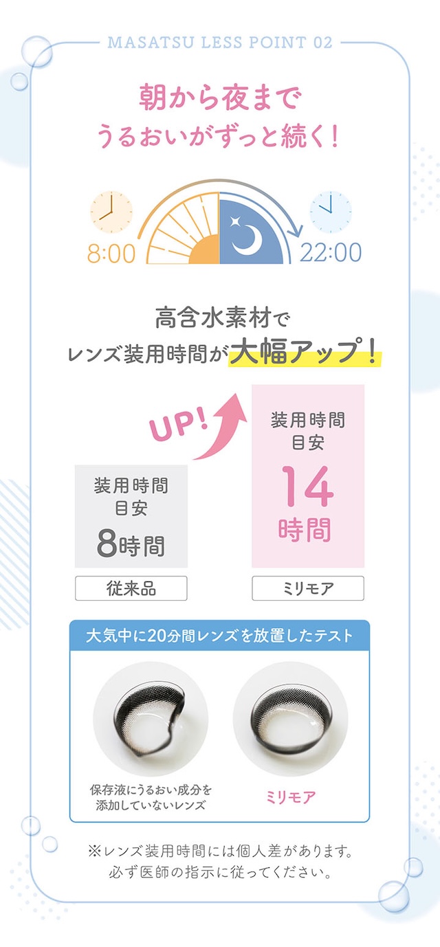 高含水素材でレンズ装用時間が大幅アップ!推奨装用時間が8時間から14時間へとアップしました|新木優子さんイメージモデル,トレンドの盛れるカラコンを追及したカラコン,エバーカラーワンデーミリモア(EverColor1day MILIMORE)