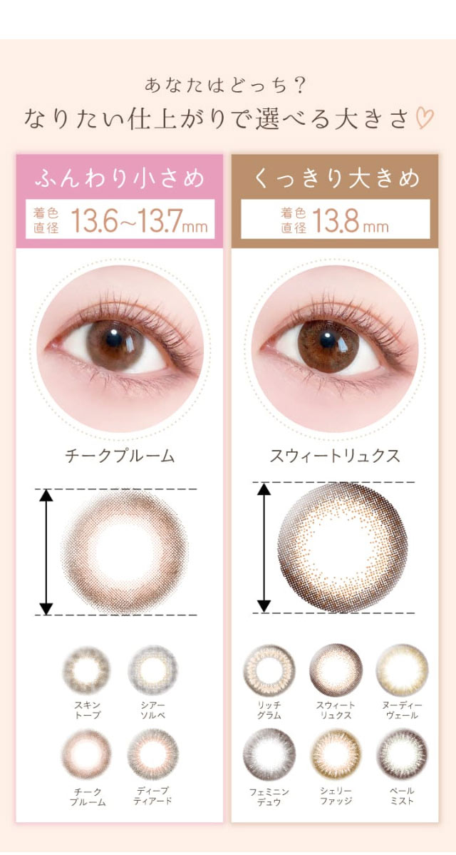 あなたはどっち?なりたい仕上がりで選べる大きさ♡ふんわり小さめの着色直径13.6 〜13.7mmとくっきり大きめの着色直径13.8mm,新木優子さんイメージモデル,エバーカラーワンデーナチュラルモイストレーベル(EverColor1day Natural MoistLabel)