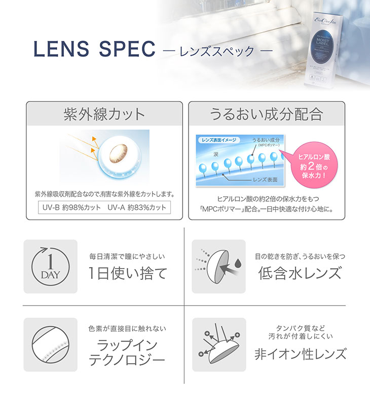 レンズスペック,紫外線をカットするUVカット機能,うるおい成分配合でうるおい続く、快適なつけ心地,毎日清潔で瞳に優しい1日使い捨て,低含水レンズ,ラップインテクノロジー,非イオン性レンズ