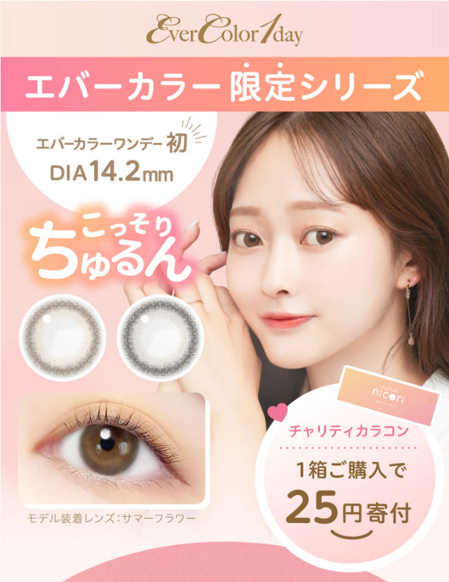 エバーカラーワンデー限定シリーズ,エバーカラーワンデー初のDIA14.2mm,こっそりちゅるん,チャリティカラコン,1箱ご購入で25円寄付|エバーカラーワンデーニコリ(EverColor1day nicori)/ワンデーカラコン