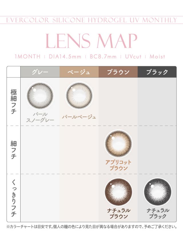 エバーカラーワンマンスのレンズマップ|新木優子イメージモデルのマンスリーカラコン【エバーカラーワンマンス(Ever Color 1MONTH)】エバーカラーマンスリー カラコン マンスリーカラコン 1month 2枚入り 度あり・度なし  DIA14.5mm UVカット モイスト シリコーンハイドロゲル素材