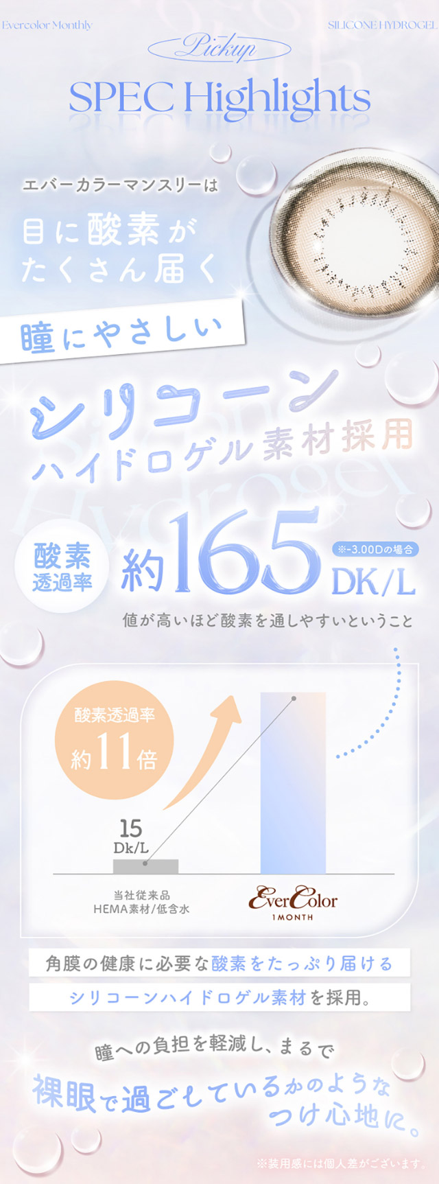 エバーカラーマンスリーは目に酸素がたくさん届く瞳にやさしいシリコーンハイドロゲル素材採用 角膜の毛健康に必要な酸素をたっぷり届けるシリコーンハイドロゲル素材を採用,瞳への負担を軽減しまるで裸眼で過ごしているかのようなつけ心地に|新木優子イメージモデルのマンスリーカラコン【エバーカラーワンマンス(Ever Color 1MONTH)】エバーカラーマンスリー カラコン マンスリーカラコン 1month 2枚入り 度あり・度なし  DIA14.5mm UVカット モイスト シリコーンハイドロゲル素材