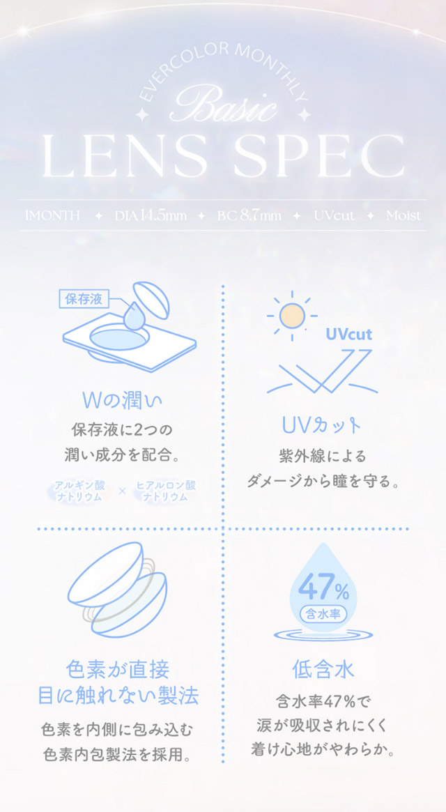 エバーカラーワンマンスのレンズスペック,Wの潤い,UVカット,色素が目に直接触れない製法,低含水|新木優子イメージモデルのマンスリーカラコン【エバーカラーワンマンス(Ever Color 1MONTH)】エバーカラーマンスリー カラコン マンスリーカラコン 1month 2枚入り 度あり・度なし  DIA14.5mm UVカット モイスト シリコーンハイドロゲル素材