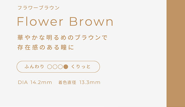 フラワーブラウン,華やかな明るめのブラウンで存在感のある瞳に,DIA14.2mm,着色直径13.3mm|こころ、瞳、自分らしく ワンデーカラコン フェアリーワンデーニュートラル シリーズ(FAIRY 1day Neutral series)