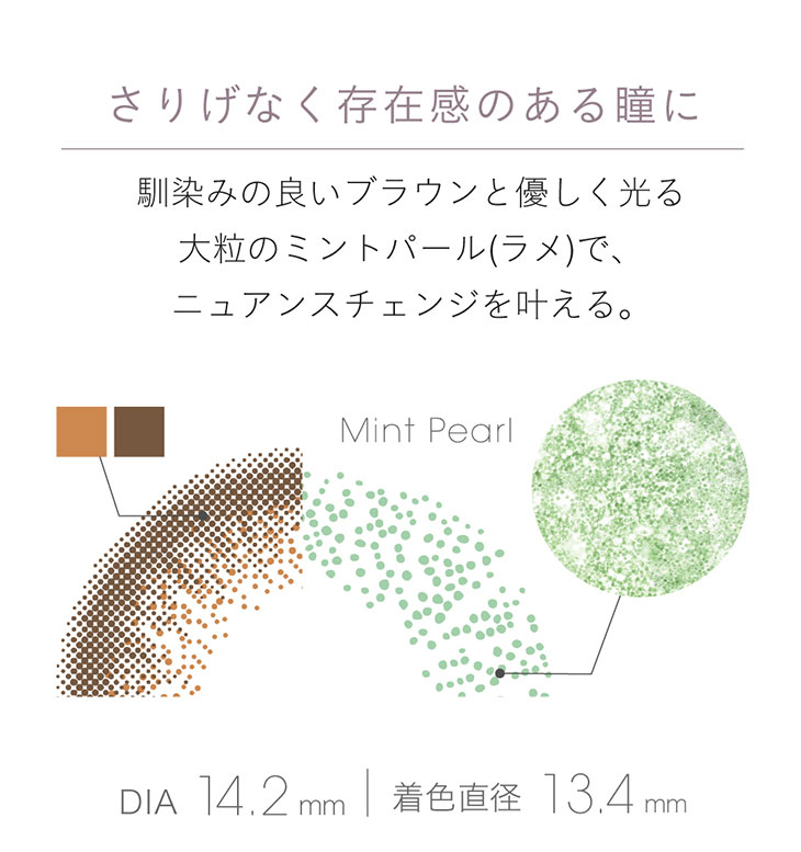 小嶋陽菜(こじはる)イメモワンデーカラコン フェアリーワンデーシマーリングシリーズ|DIA14.2mm 着色直径 13.4mm さりげなく存在感のある瞳になるなじみの良いブラウンと優しく光る大粒のミントパールラメでニュアンスチェンジを叶える