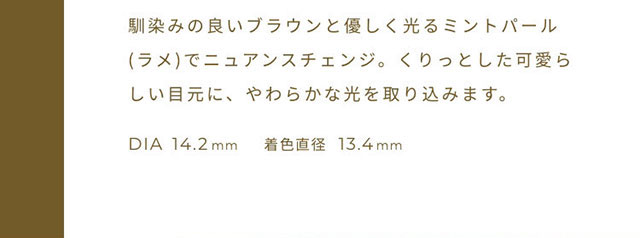 馴染みの良いブラウンと優しく光るミントパール(ラメ)でニュアンスチェンジ。くりっとした可愛らしい目元に、やわらかな光を取り込みます。DIA14.2mm,着色直径13.4mm|FAIRY 1Day SIMMERING SERIES ワンデーカラコン フェアリーワンデーシマーリングシリーズ