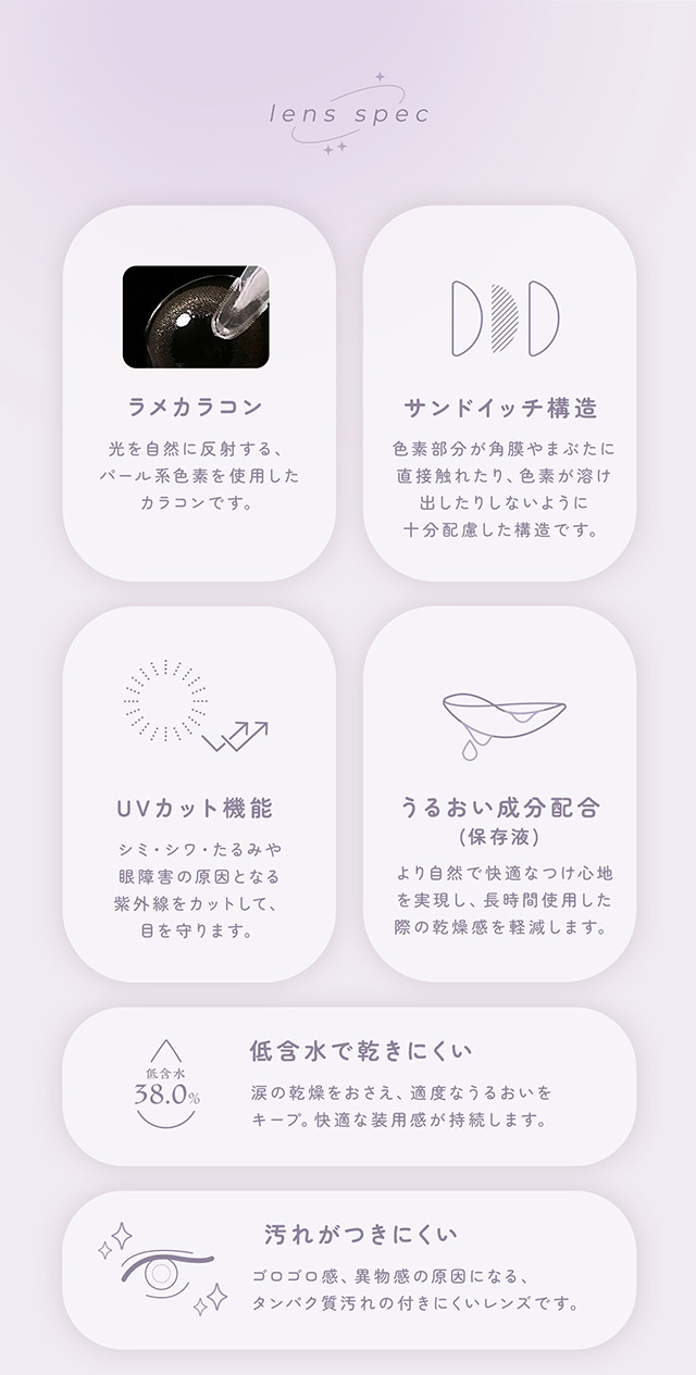 ラメカラコン,サンドイッチ構造,UVカット機能,うるおい成分配合,低含水で乾きにくい,汚れがつきにくい|FAIRY 1Month SIMMERING SERIES マンスリーカラコン フェアリーワンマンスシマーリングシリーズ