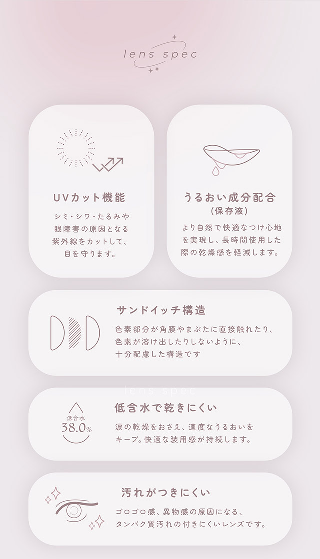 UVカット機能,うるおい成分配合,サンドイッチ構造,低含水で乾きにくい,汚れがつきにくい|FAIRY 1Month NEUTRAL SERIES マンスリーカラコン フェアリーワンマンスニュートラルシリーズ